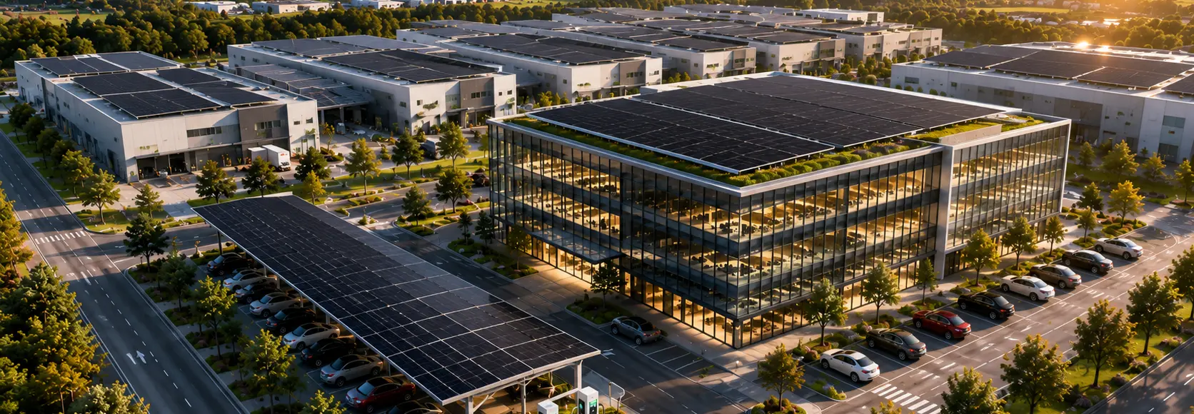 zone d activite moderne avec batiment tertiaire, toiture solaire, usine, parking sous ombrieres photovoltaïques, bornes de recharge et ambiance lumineuse de fin de journee. Rendu photorealiste, sobre, corporate, haut de gamme.