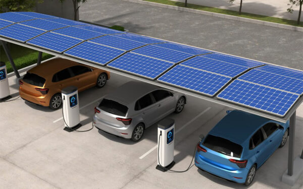 carport photovoltaique en utilisation ombrière de parking avec borne de recharge